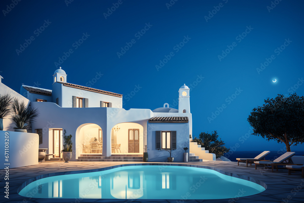 Traditional mediterranean house with swimming pool summer vacation, night time