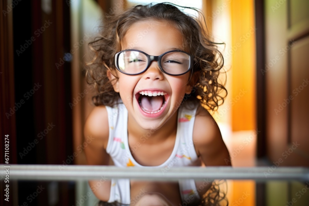 girl giggling at her reflection with goofy glasses girl giggling at her reflection with goofy glasses