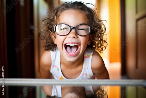 girl giggling at her reflection with goofy glasses