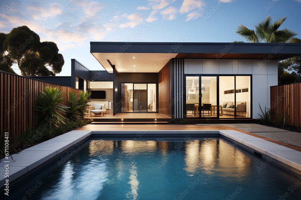 Exterior of luxury and modern beautiful minimal villa with swimming pool - obrazy, fototapety, plakaty 