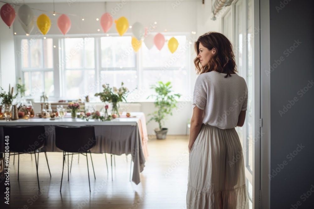 woman standing alone at a birthday party
