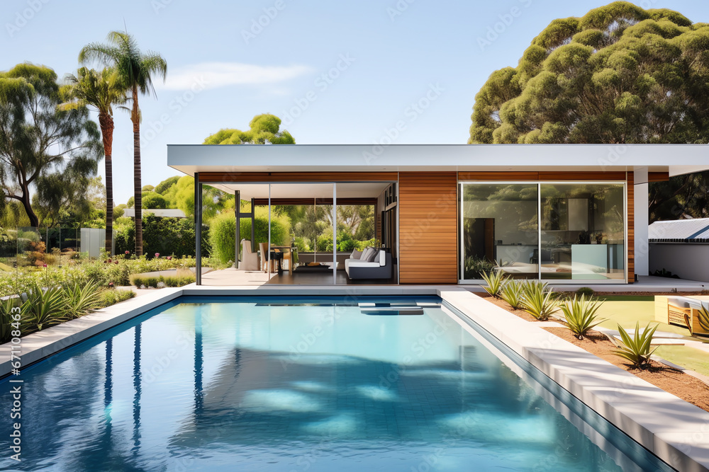 Exterior of luxury and modern beautiful minimal villa with swimming pool