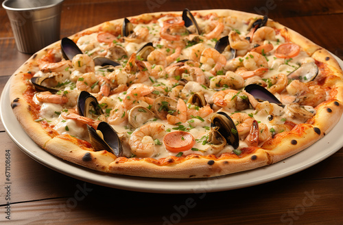 Seafood Pizza made with toppings such as shrimp, clams, mussels, and various seafood, and some vegetables