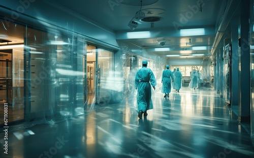Doctors or nurses walk along the hospital corridor, motion blurred.