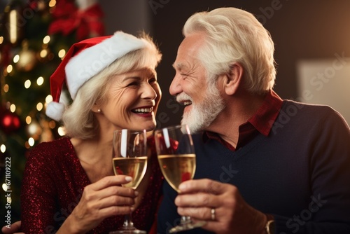 couple sharing a toast with holiday decorations in background