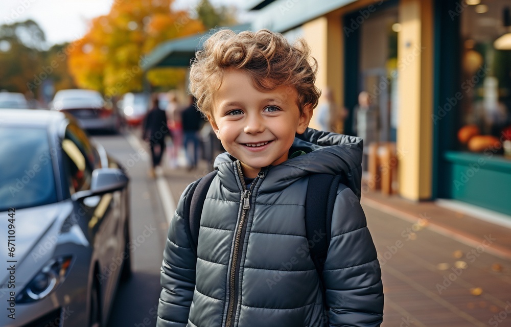 Fototapeta premium EV charger pointed at the camera by a young boy on a road trip vacation in an environmentally friendly vehicle. Clean and sustainable energy is used by electric vehicles and charging stations..