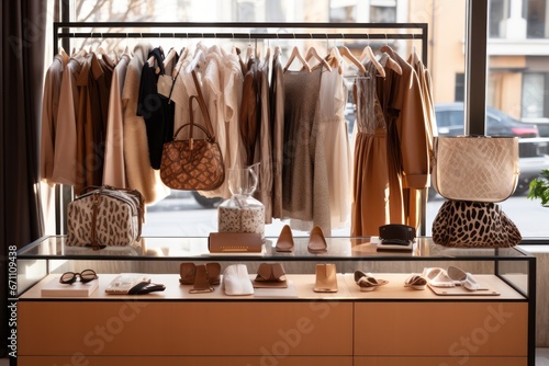 Walk-in wardrobe room with clothes on rack. Fashion clothes on rack. High-end boutique found in upscale shopping districts and show renowned brands known for quality with craftsmanship.