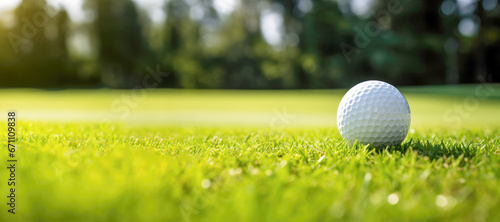 a golf ball resting on the pristine green grass, symbolizing leisure and sport in a summer setting, with copy space.