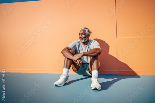 A mature and active African American man enjoying an outdoor fitness routine, showcasing his dedication to a healthy and successful retirement lifestyle.