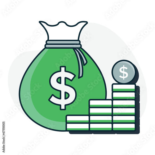 Wealth Icon. A money bag and coins icon to represent wealth, prosperity, and financial success.