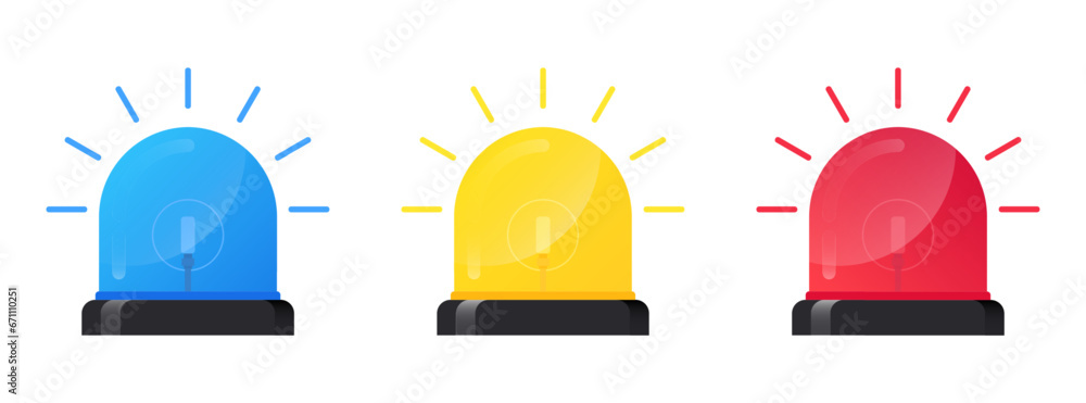 Round siren icon set. Blue, yellow and red cartoon sirens. Flashing emergency light symbol with scatter lined rays. Sign for alarm or emergency cases. Vector illustration - obrazy, fototapety, plakaty 