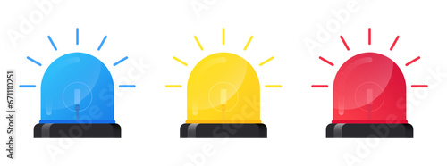 Round siren icon set. Blue, yellow and red cartoon sirens. Flashing emergency light symbol with scatter lined rays. Sign for alarm or emergency cases. Vector illustration photo