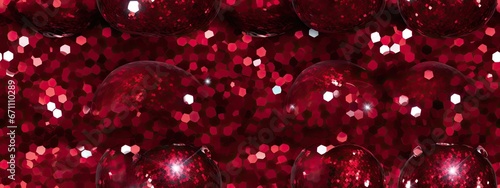 Seamless dark ruby red shiny disco ball, tinsel, glitter, glass refraction Christmas background texture. Festive sparkly kaleidoscope light effect winter xmas holiday banner backdrop pattern photo