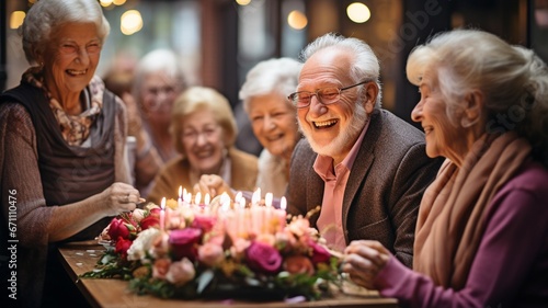 When congratulating one another on their birthdays, older men and women exchange smiles and laughs..