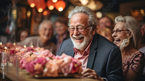 When congratulating one another on their birthdays, older men and women exchange smiles and laughs..