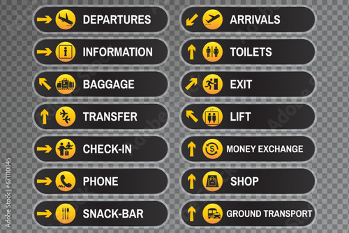 Airport sign departure arrival travel icon. Vector airport board airline sign. Transfer. Arrivals. Airport board airline sign, departures, arrivals, check in, baggage information. Eps10 vector illustr