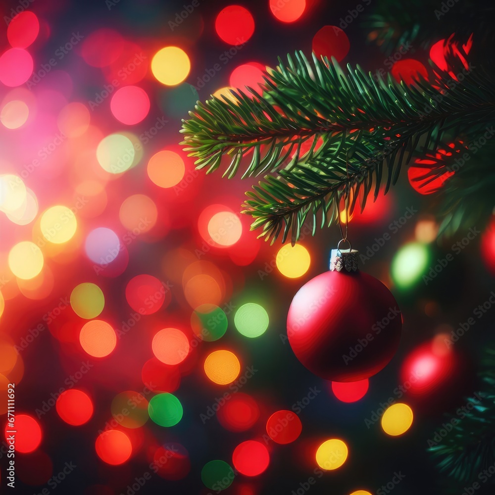 A Christmas tree branch with red and green baubles hanging from it with a background of colorful bokeh lights in red, yellow and pink.