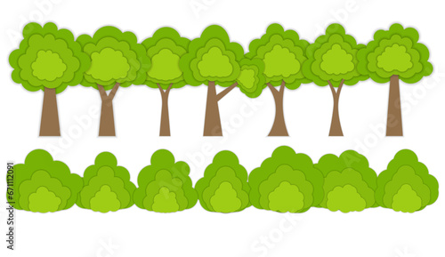 paper tree set and paper bushes Set apart on white background, vector illustration.