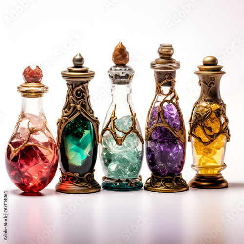 Whiskey bottle, Colorful Liquid-filled Flasks Isolated on a Transparent Background. AI, Many antique glass bottles with colored liquids. For the pharmacy, oil, cosmetics.