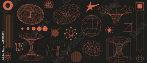 Set 3d red abstract Geometric y2k aesthetic elements and wireframe shapes. Red Geometry shapes retro 2000s design. Vector illustration for social networks, web pages, banners and posters.