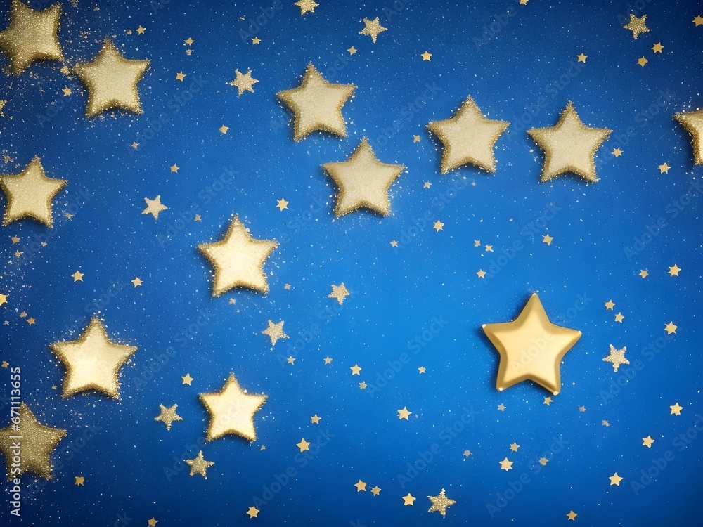Golden stars on blue background with lighting effect and sparkle. New year, Christmas background with gold stars and sparkling, generated by AI
