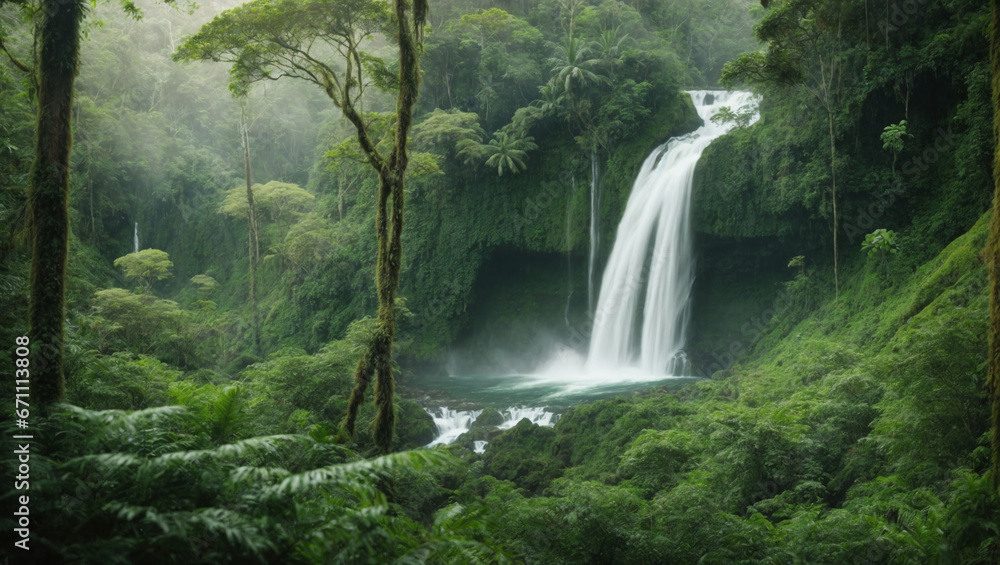 A lush, green tropical rainforest with a cascading waterfall. Exotic, natural beauty.