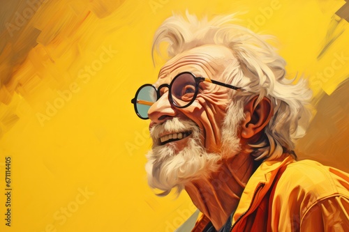 senior hipster guy in glasses on yellow background with copy space left illustration. Optics salon, lottery, fashion clothes store, hairstyle salon.