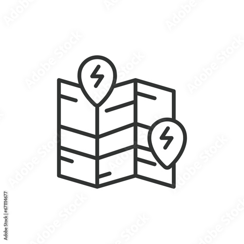 Charge map line icon. Map with EV charging station. Electric vehicle charging station icon. Editable stroke. Vector illustration