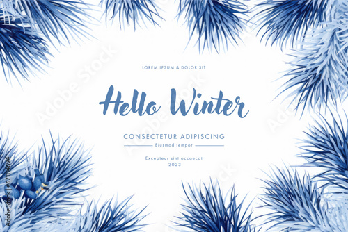 Winter background with snowflakes and fir trees. Watercolor illustration. Created using generative AI tools.
