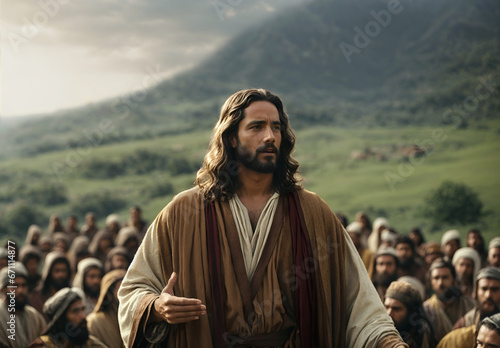Jesus Christ sermon on the mount. Religious biblical conceptual theme. photo