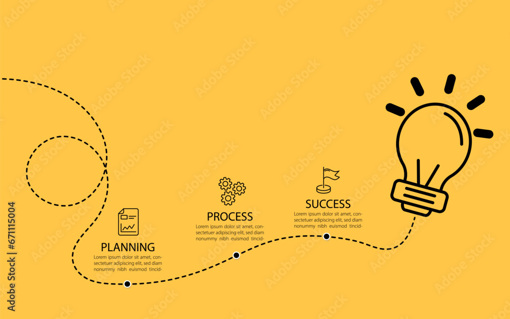 Idea infographic doodle design template. Hand drawn Timeline concept with 3 options or steps template. layout, diagram, annual, lamp light bulbs, report, presentation. Vector illustration. - obrazy, fototapety, plakaty 