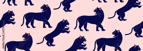 Fototapeta Naklejka Na Ścianę i Meble -  Seamless pattern with panthers on a pink background. Vector abstract background with big cats. African animals.