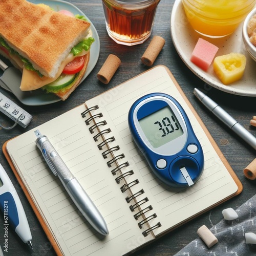 Diabetic person using glucometer on wooden background