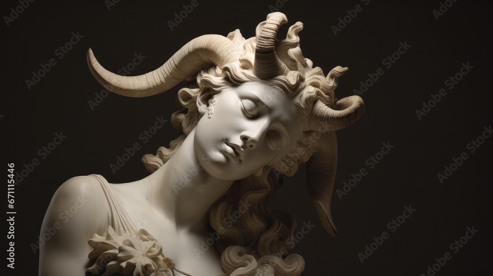Ancient goddess. Statue of a woman with ram horns isolated on a dark background.
