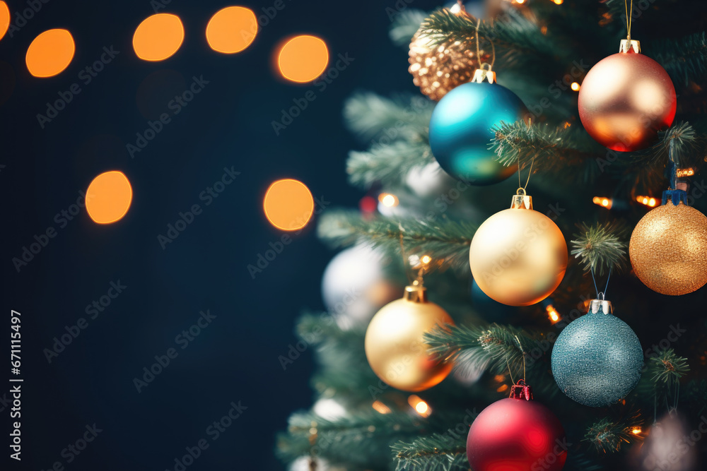 Fototapeta premium Close-up of decorated Christmas tree. Fir tree with colorful baubles and shiny holiday bokeh