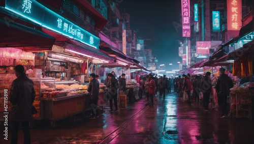A neon-lit cyberpunk street market filled with holographic food stalls and futuristic technology. Futuristic bazaar.