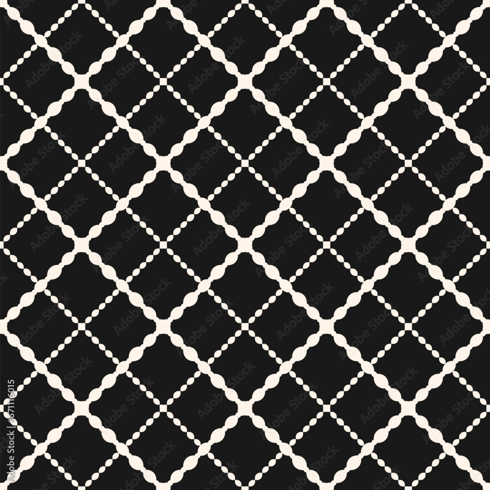Naklejka premium Seamless geometric pattern with black and white diagonal curved lines, grid, lattice, mesh design. Simple vector background. Abstract repeat ornament design for decor, textile, furniture, wallpaper