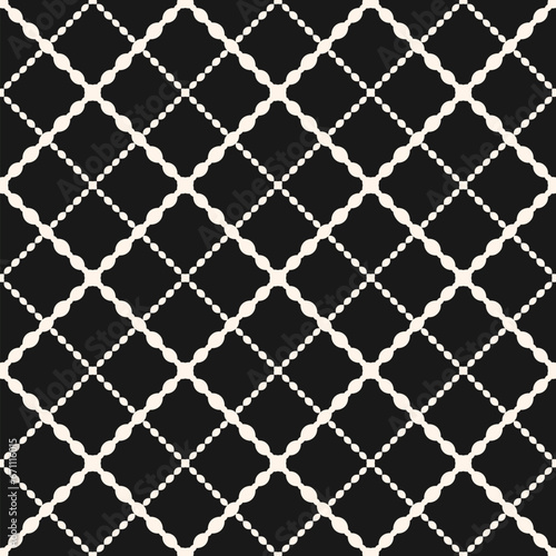 Seamless geometric pattern with black and white diagonal curved lines, grid, lattice, mesh design. Simple vector background. Abstract repeat ornament design for decor, textile, furniture, wallpaper