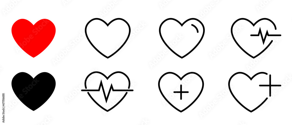Heart icons vector set. Set of heartbeat icon on an isolated background of different shapes. Cardiogram heart logo symbol in linear style for your design. Vector illustration EPS 10 Heart icons vector set. Set of heartbeat icon on an isolated background of different shapes. Cardiogram heart logo symbol in linear style for your design. Vector illustration EPS 10