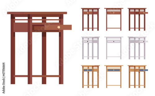 Tall nightstand with storage drawer natural wood big set. Side sofa table, plant, telephone stand, bedside item. Vector flat style cartoon home, office furniture objects isolated on white background