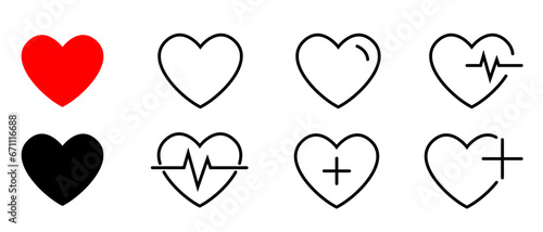 Heart icons vector set. Set of heartbeat icon on an isolated background of different shapes. Cardiogram heart logo symbol in linear style for your design. Vector illustration EPS 10