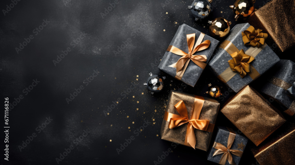 Gift boxes on a dark background. Top view. Flat lay. Gift boxes on a dark background. Top view. Flat lay.