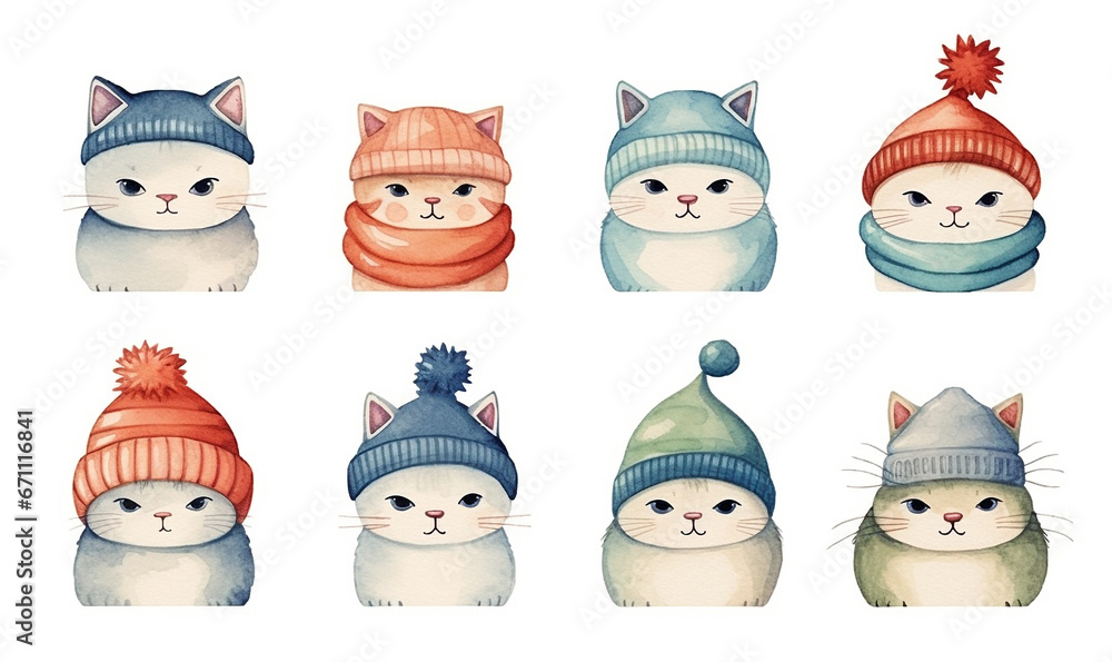 Set of cute Christmas cats in scarves and winter hats isolated. Collection of icon kittens in winter clothes. Cartoon aquarel animal faces for greeting card or stickers. Domestic trendy pet. Set of cute Christmas cats in scarves and winter hats isolated. Collection of icon kittens in winter clothes. Cartoon aquarel animal faces for greeting card or stickers. Domestic trendy pet.