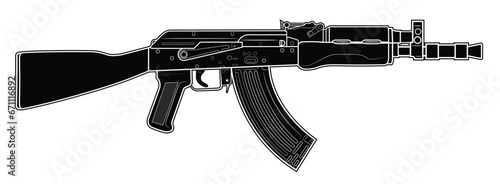Vector illustration of AK assault rifle with short barrel on the white background. Black, Right side.