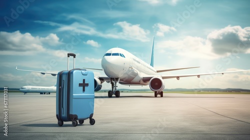 Airplane with luggage with a christian cross on the airport runway. Christian, travel and tourism concept. photo