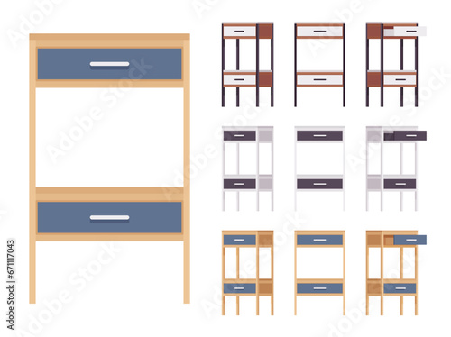 Storage rack stand with two sliding drawers wooden big set. Kitchen shelving, bathroom, dressing table organizer. Vector flat style cartoon home, office furniture objects isolated, white background