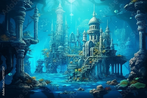 Fantasy underwater seascape with lost city  Fantasy sunken city under water