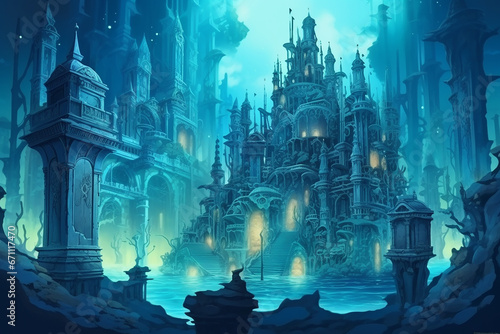 Fantasy underwater seascape with lost city, Fantasy sunken city under water