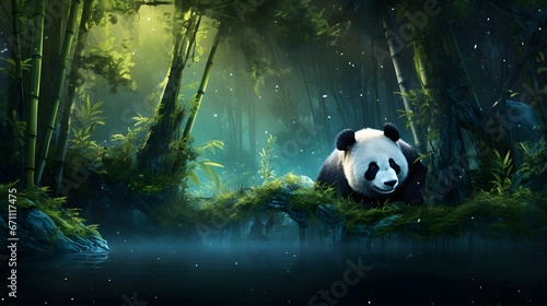 Mystic Panda in Asian Bamboo Forest