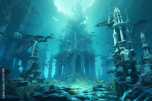Fantasy underwater seascape with lost city, Fantasy sunken city under water